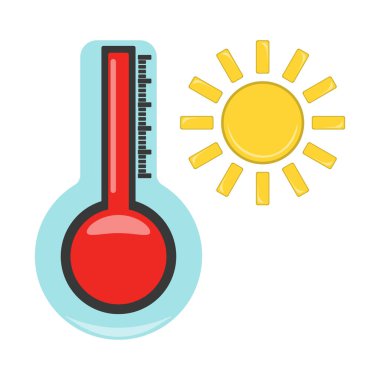 Termometre ile sıcak simgesi. Beyaz arka plan üzerinde Web hava etiketi. Çizgi film vektör çizim