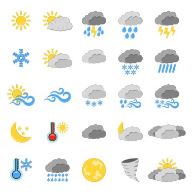 25 Weather simge kümesi. Beyaz arka plan üzerinde Web hava etiketi. Çizgi film vektör çizim