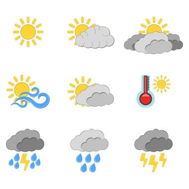 9 Hava simge kümesi. Beyaz arka plan üzerinde Web hava etiketi. Çizgi film vektör çizim.