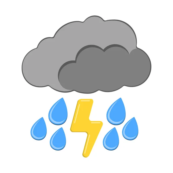 Trovão e chuva com ícone de nuvem. Rótulo meteorológico para Web sobre fundo branco. Desenhos animados Vector Ilustração —  Vetores de Stock