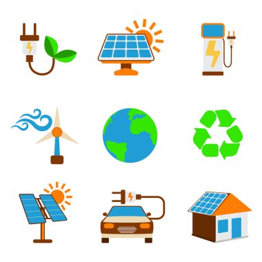 Eko enerji simge kümesi. Beyaz arka plan üzerinde Web enerji etiketi. Düz vektör çizim