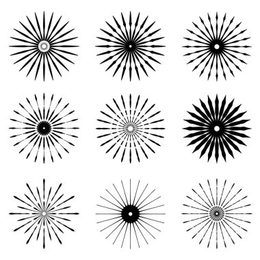 Büyük Retro güneş patlaması şekilleri ayarla. Vintage logo, etiketleri, rozetleri. Vektör tasarım öğesi izole. En az siyah havai fişek patlama