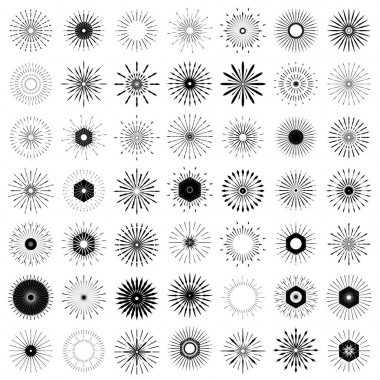 Büyük Retro güneş patlaması şekilleri ayarla. 49 vintage logo, etiketleri, rozetleri. Vektör tasarım öğesi izole. En az siyah havai fişek patlama