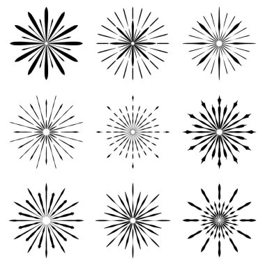 Büyük Retro güneş patlaması şekilleri ayarla. Vintage logo, etiketleri, rozetleri. Vektör tasarım öğesi izole. En az siyah havai fişek patlama