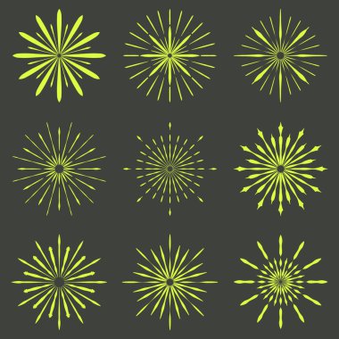 Büyük Retro güneş patlaması şekilleri ayarla. Vintage logo, etiketleri, rozetleri. Vektör tasarım öğesi izole. Çok az altın havai fişek patlama