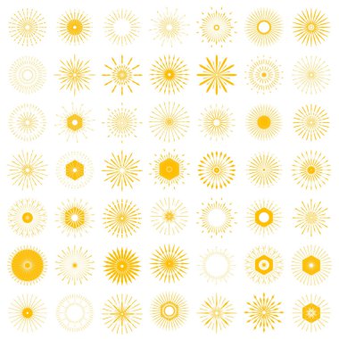 Büyük Retro güneş patlaması şekilleri ayarla. 49 vintage logo, etiketleri, rozetleri. Vektör tasarım öğesi izole. Çok az altın havai fişek patlama