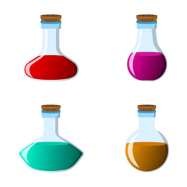 Набор фляжки и значок бутылки. Этикетка фантазийного зелья и эликсира. Карикатурный стиль. Векторная иллюстрация
