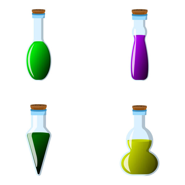 Set of flask and bottle icon. Label of fantasy potion and elixir. Cartoon style. Vector illustration logo