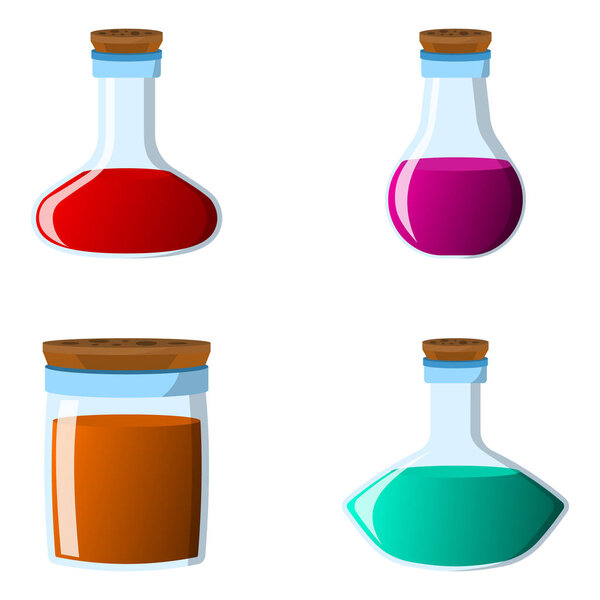 Набор фляжки и значок бутылки. Этикетка фантазийного зелья и эликсира. Карикатурный стиль. Векторная иллюстрация
