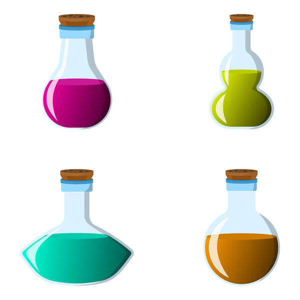 Set of flask and bottle icon. Label of fantasy potion and elixir. Cartoon style. Vector illustration logo
