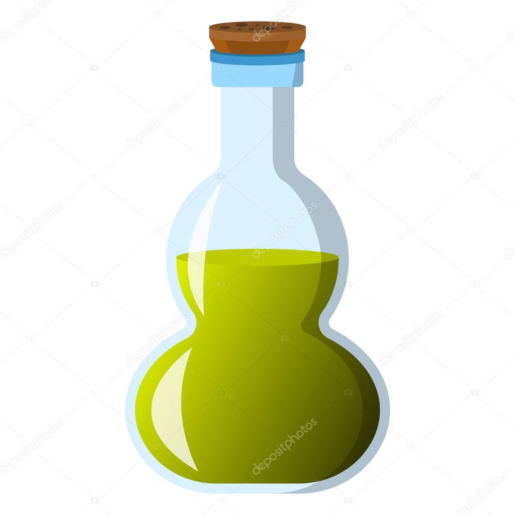 Flask and bottle icon. Label of fantasy potion and elixir. Cartoon style. Vector illustration logo.