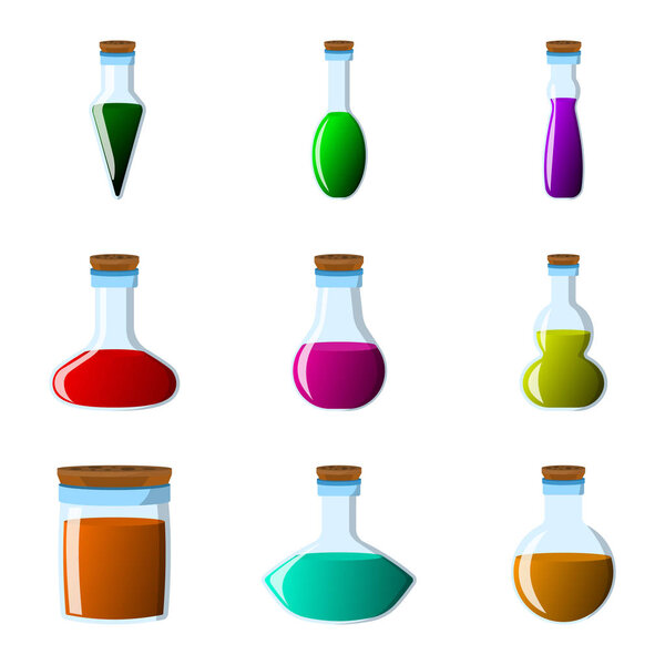 Набор фляжки и значок бутылки. Этикетка фантазийного зелья и эликсира. Карикатурный стиль. Векторная иллюстрация
