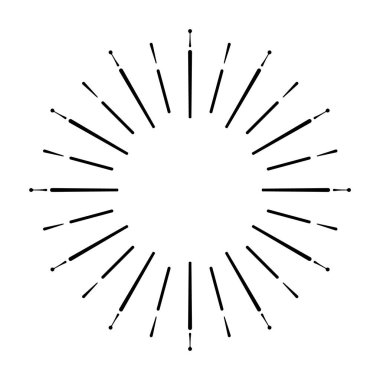 Retro şekil güneş patlaması. Vintage logo, etiket, rozet. Vektör tasarım öğesi, izole. En az siyah havai fişek patlama