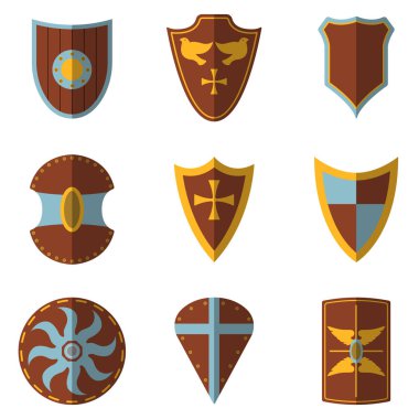 Ortaçağ kalkan ve silah simgesi ve etiket kümesi. Düz stil. Vektör çizim logo