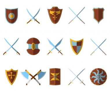 Ortaçağ kalkan ve silah simgesi ve etiket kümesi. Düz stil. Vektör çizim logo