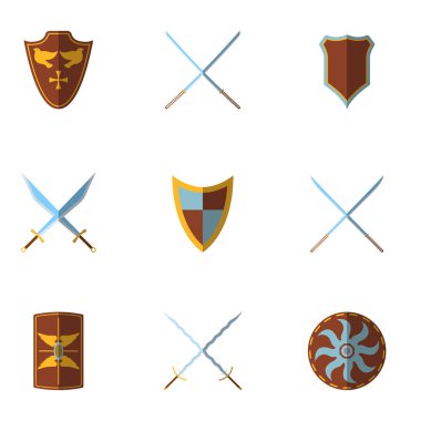 Ortaçağ kalkan ve silah simgesi ve etiket kümesi. Düz stil. Vektör çizim logo