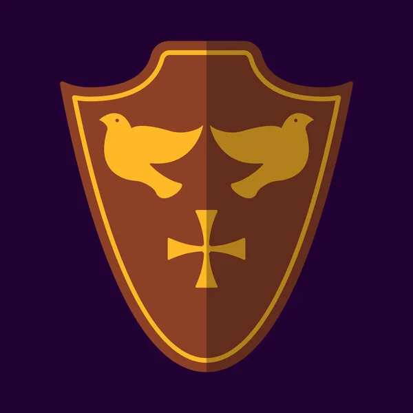Icona e etichetta medievale dello scudo. Stile piatto. Logo illustrazione vettoriale — Vettoriale Stock