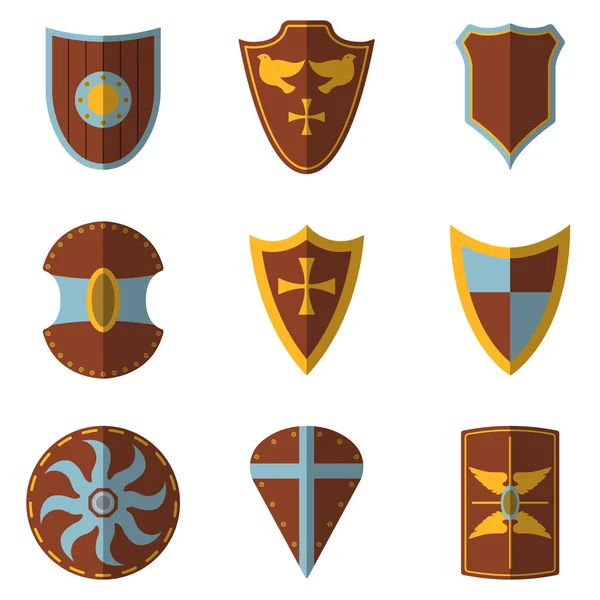 Set aus mittelalterlichem Schild und Waffensymbol und Etikett. flachen Stil. Vektor Illustration Logo — Stockvektor