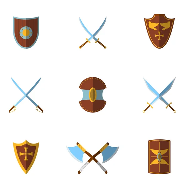 Set di Scudo Medievale e Icona e Etichetta delle Armi. Stile piatto. Logo illustrazione vettoriale — Vettoriale Stock