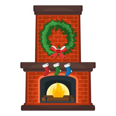 Xmas Çorap Simgesi Kavramlı Noel Şöminesi. Beyaz Arkaplanda şömine başı. Mobilya Sembolü, Simge ve Rozet. Çizgi film Vektör illüstrasyonu