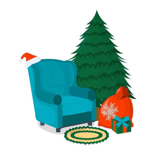 Poltrona, mesa e árvore de Natal Ícone Conceito. Mobiliário em fundo branco. Símbolo da cadeira, ícone e distintivo. Desenhos animados Vector ilustração — Vetor de Stock