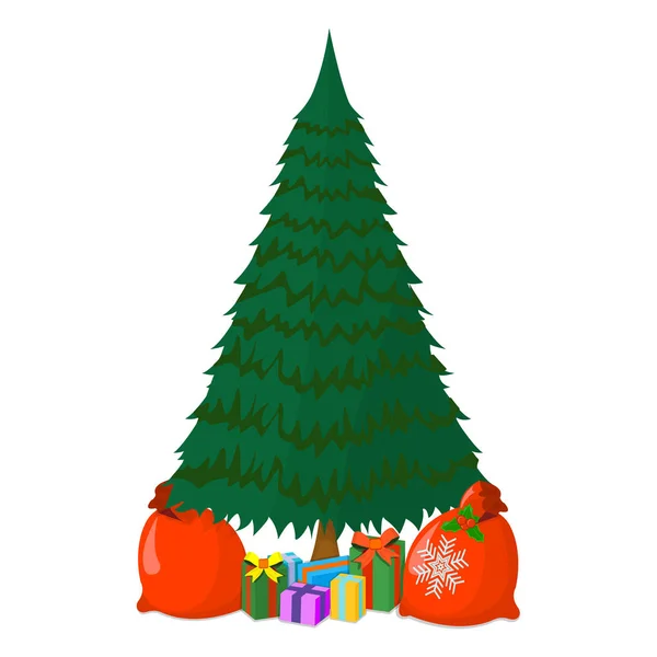 ギフトアイコンのコンセプトを持つクリスマスツリー。白い背景のクリスマスツリー。新年のシンボル、アイコン、バッジ。漫画ベクトルイラスト — ストックベクタ