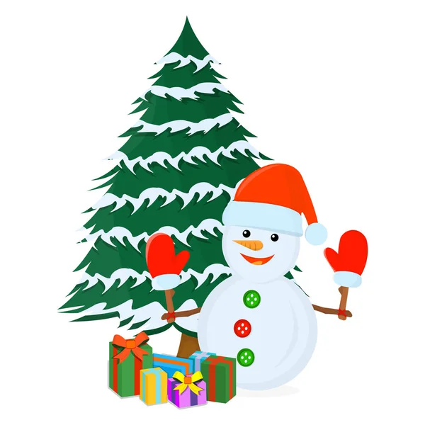 Árvore de Natal com Gift and Showman Icon Concept. Árvore de Natal em fundo branco. Símbolo de Ano Novo, Ícone e Distintivo. Desenhos animados Vector ilustração — Vetor de Stock