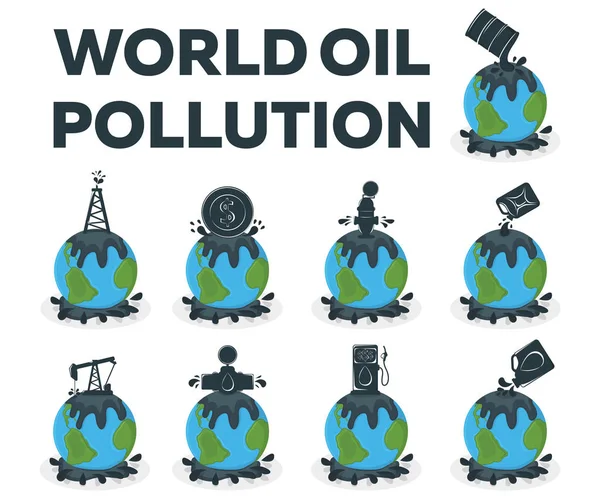 World Oil Pollution Concept Icon and Label. Earth Pollution by P — Stock Vector