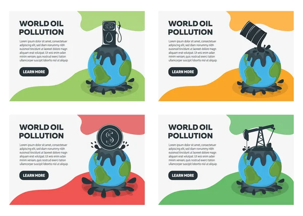 World Oil Pollution Concept Banner (Olajszennyezés-koncepció) Földszennyezés kőolajjal. Katasztrófa szimbólum, ikon és jelvény. Rajzfilm vektor illusztráció Web — Stock Vector