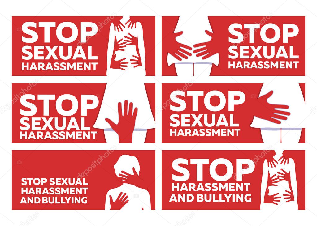 Stop Sexual Harassment and Bulling Banner on Red Background. Gender equality Label and Logo. Toxic Relationship. Concept Vector Illustration