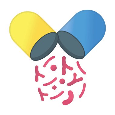 Probiyotik İlaç Tasarım Simgesi ve Etiketi. Sağlık Araştırma Sembolü, Simge ve Rozet. Çizgi film Vektör illüstrasyonu