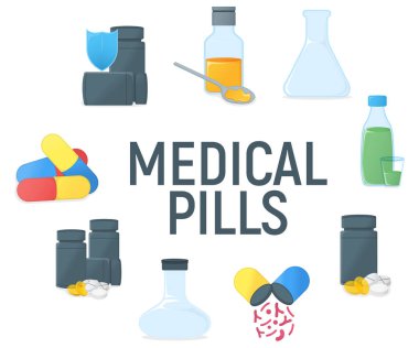 Tıbbi ilaçlar ve sağlık seti. Simge ve Etiket kavramı. Sağlık Araştırma Sembolü, Simge ve Rozet. Çizgi film Vektör illüstrasyonu