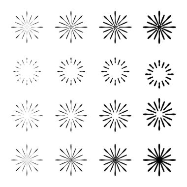 Retro güneş patlaması şekli ve klasik güneş patlaması. Patlama ışınları. Vintage logo, etiketler, rozetler. Geometrik şekiller yıldızlar ve vektör tasarım elementleri izole edilmiştir. Minimum siyah havai fişek patlaması