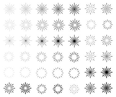 Retro güneş patlaması şekli ve klasik güneş patlaması. Patlama ışınları. Vintage logo, etiketler, rozetler. Geometrik şekiller yıldızlar ve vektör tasarım elementleri izole edilmiştir. Minimum siyah havai fişek patlaması