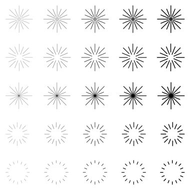 Retro güneş patlaması şekli ve klasik güneş patlaması. Patlama ışınları. Vintage logo, etiketler, rozetler. Geometrik şekiller yıldızlar ve vektör tasarım elementleri izole edilmiştir. Minimum siyah havai fişek patlaması