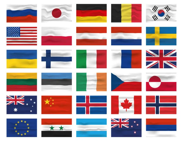 Набор значков флага и логотипа. Всемирный национальный флаг и шаблон. Искусство трехмерной векторной иллюстрации с эффектом вейва — стоковый вектор