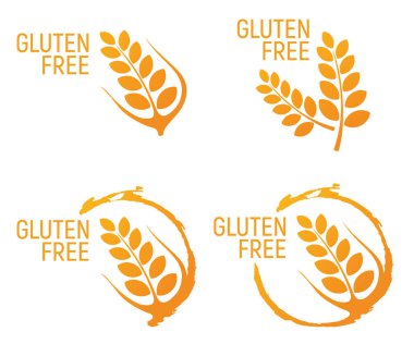 Glütensiz. Alerjen yiyecekler, Gmo ürünleri ikonu ve logosu. Hoşgörüsüzlük ve alerji yiyeceği. Çizgi film vektör illüstrasyonunu ve izole edilmiş sanatı kavra.