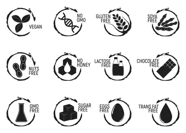 Conjunto de alimentos alérgenos, icono de productos sin OGM y logotipo. Intolerancia y alergia alimentaria. Concepto negro y simple ilustración vectorial y arte aislado — Vector de stock