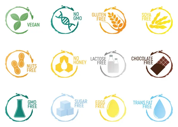 Set di alimenti allergeni, icona e logo dei prodotti senza OGM. Intolleranza e allergia alimentare. Concetto cartone animato vettoriale illustrazione e arte isolata — Vettoriale Stock