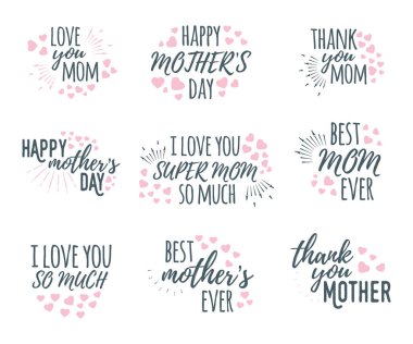 Anneler Günü afişi, logo, etiket ve poster seti. Kaligrafi tasarımı ve yazı tipi selamı, düğün, kutlama kartı. Klasik vektör illüstrasyonunu kavra ve beyaz sanatta izole et.