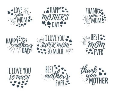 Anneler Günü afişi, logo, etiket ve poster seti. Kaligrafi tasarımı ve yazı tipi selamı, düğün, kutlama kartı. Klasik vektör illüstrasyonunu kavra ve beyaz sanatta izole et.