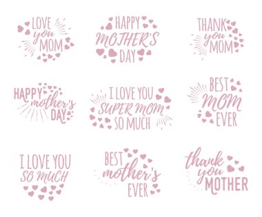 Anneler Günü afişi, logo, etiket ve poster seti. Kaligrafi tasarımı ve yazı tipi selamı, düğün, kutlama kartı. Klasik vektör illüstrasyonunu kavra ve beyaz sanatta izole et.