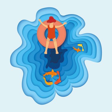 Tropik tatil denizi, su yatağında çocuk karakteri, okyanus balığı, kağıt vektör illüstrasyonu kavramı. Düz web pankartı, poster ve tebrik kartı tatili tasarla.