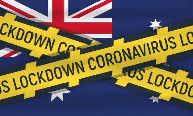Avustralya bayrak simgesi ve logosu, koronovirüs kilitlemesi, covid 19, dünya salgını, salgın hastalık. Ulusal bayrak ve şablon. Gerçekçi, 3 boyutlu vektör illüstrasyonu, dalga etkisi olan sanat.
