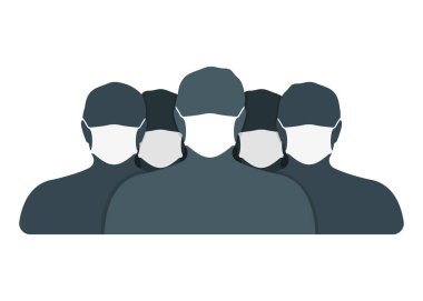Tıbbi maske ikonlu insan ön yüzü silueti, beyaz üzerine izole edilmiş, konsept vektör çizimi. Salgın koronavirüsü etiketi, insan karakteri. Virüs koruma şeyi, dünya pandemik logosu, afiş.