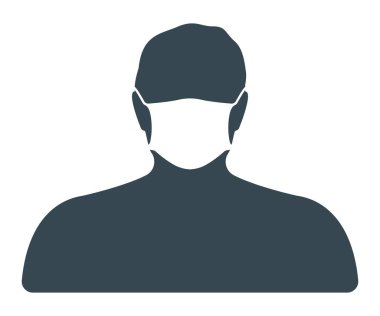 Tıbbi maske ikonlu insan ön yüzü silueti, beyaz üzerine izole edilmiş, konsept vektör çizimi. Salgın koronavirüsü etiketi, insan karakteri. Virüs koruma şeyi, dünya pandemik logosu, afiş.