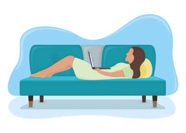 Kadın koltukta dizüstü bilgisayarla yatıyor, kadın karakter istirahatı, rahatla. Beyaz, düz vektör çiziminde izole edilmiş. Yastıklı bir adam, kanepede uyuyor. Sıkı çalışma gününden sonra rahatlama.