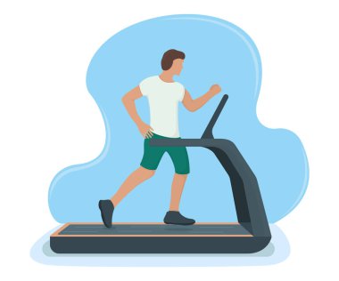 Koşu bandında koşan bir adam, erkek spor egzersizleri yapıyor. Beyaz, düz vektör çiziminde izole edilmiş. Karakter, spor simülatörüyle evine dönüyor, spor müsabakası için antrenman yapıyor..