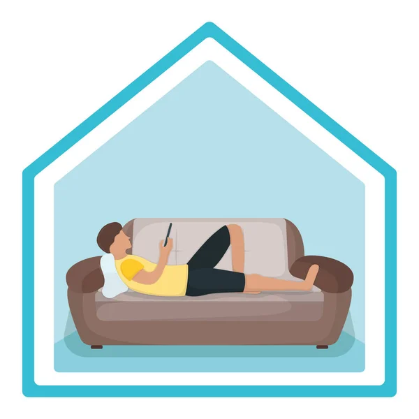 男人躺在沙发上 抱着小玩意平板 男人的性格休息 在白色的平面矢量图上分离 有枕头的人睡在沙发上放松 远离社会 待在家里 — 图库矢量图片