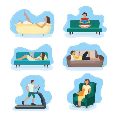 Bir grup insan evde kalır, evi rahatlatır, konsept beyaz, düz vektör çizimine izole edilir. Erkek, kadın dinleniyor. Spor eğitimi, ev içi rahatlama, kitap okuma, tuvalet alma..